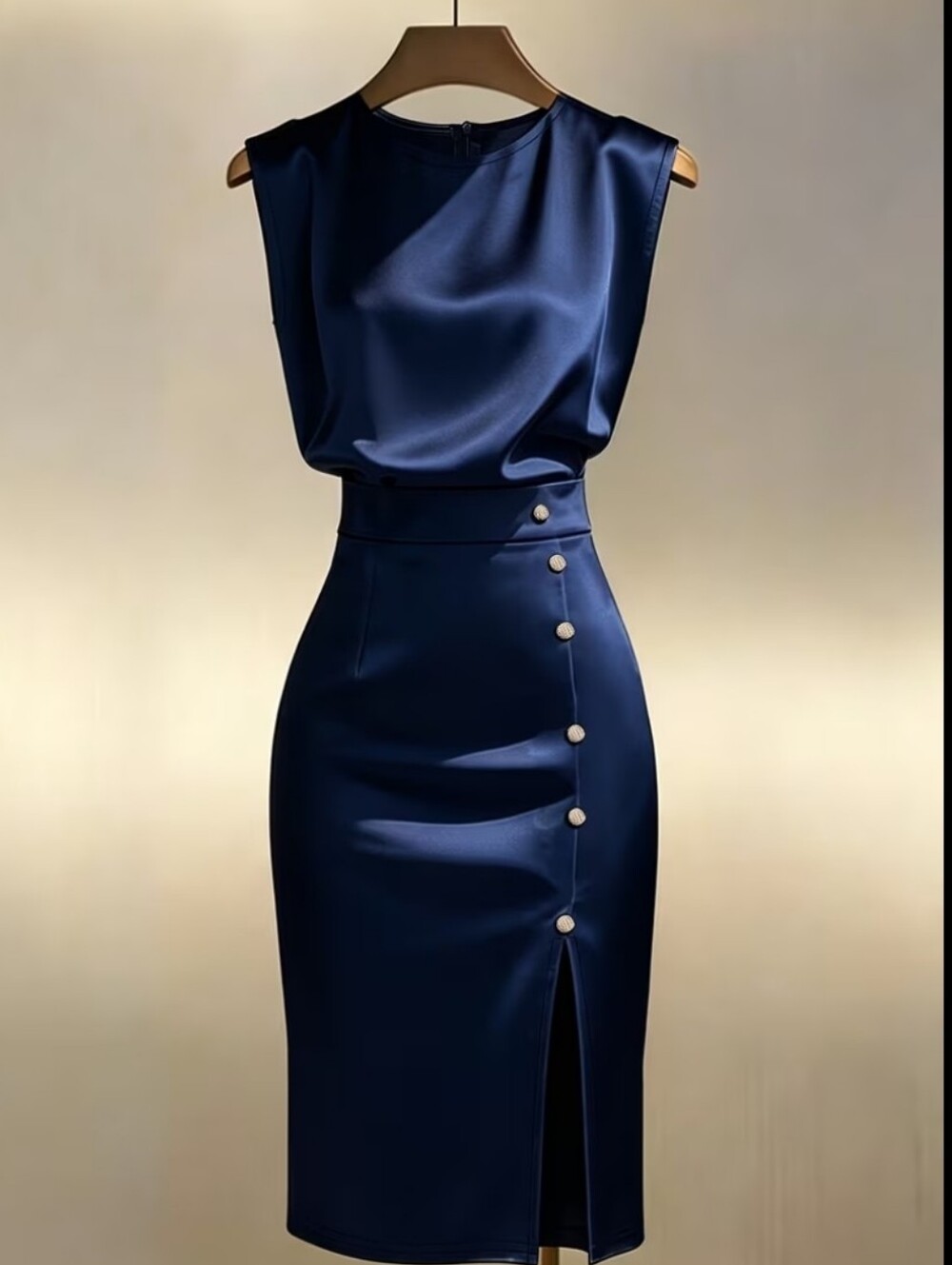 Sleeveless Navy Satin Sheath Dress with Side Button Detail